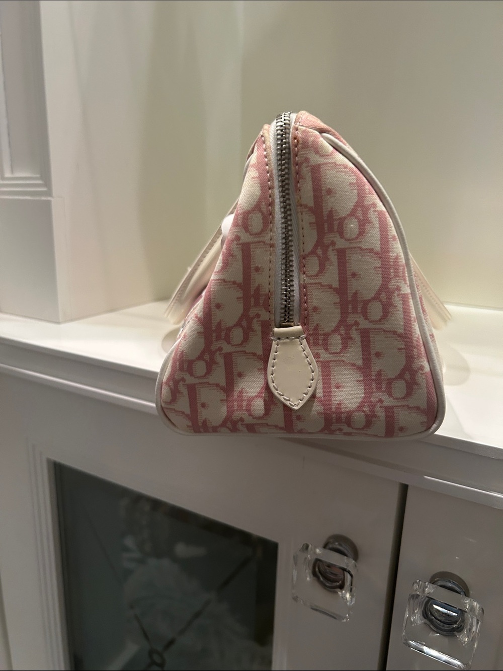 Dior Pink and White Floral Bowling Satchel with Crystal '1' Accent - Picture 2 of 13